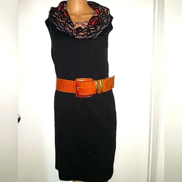 MISSONI 12 KNIT WOOL BLEND BLACK MULTICOL CHEVRON COWL NECK STRAIGHT DRESS ITALY - Picture 2 of 8